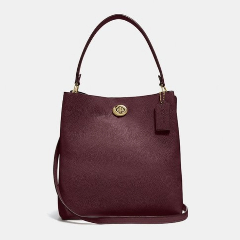 COACH RED Polished Pebble Leather Charlie Bucket Crossbody, Deep Red/Gold